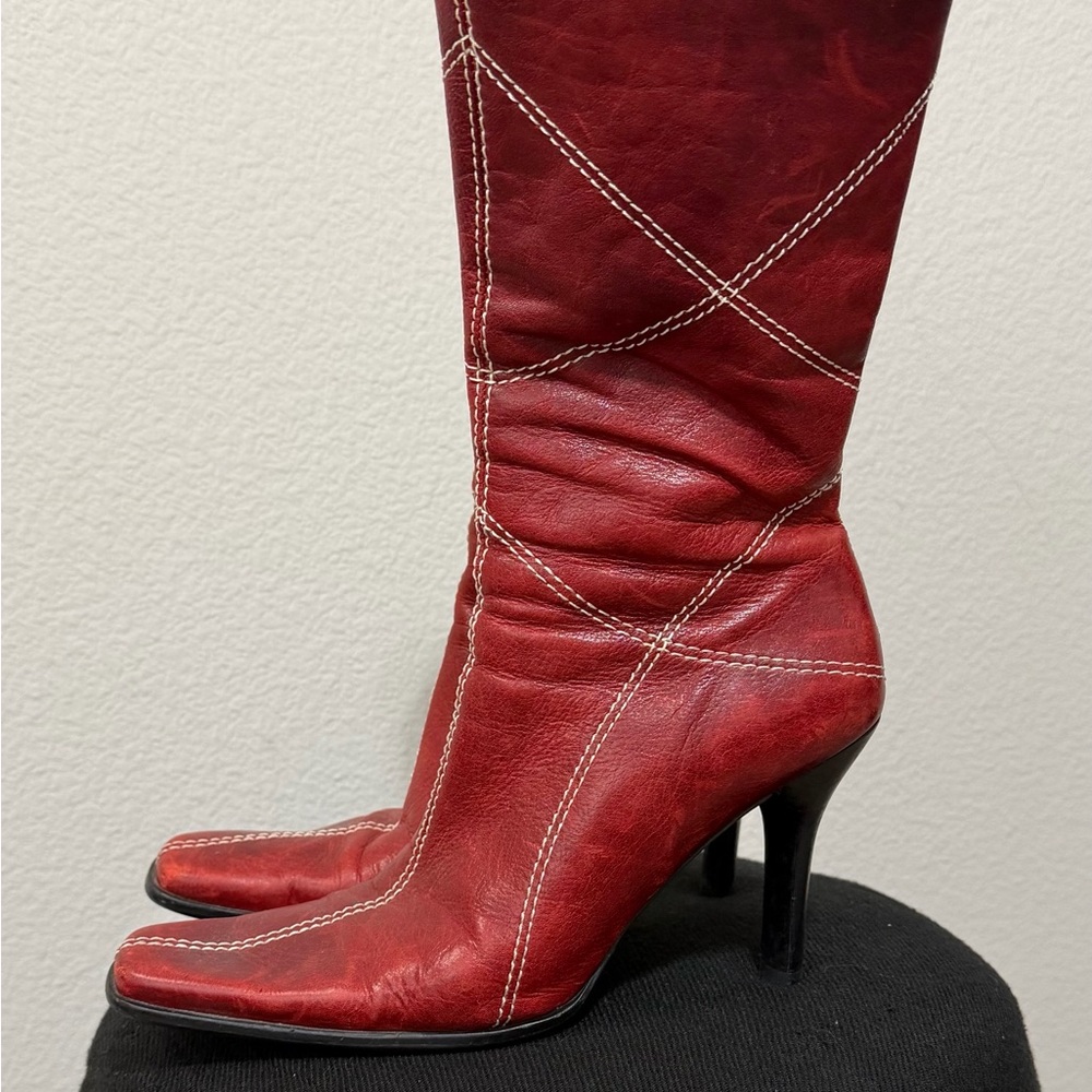 Brass Plum vintage Red Stitched Women's Heeled Boots